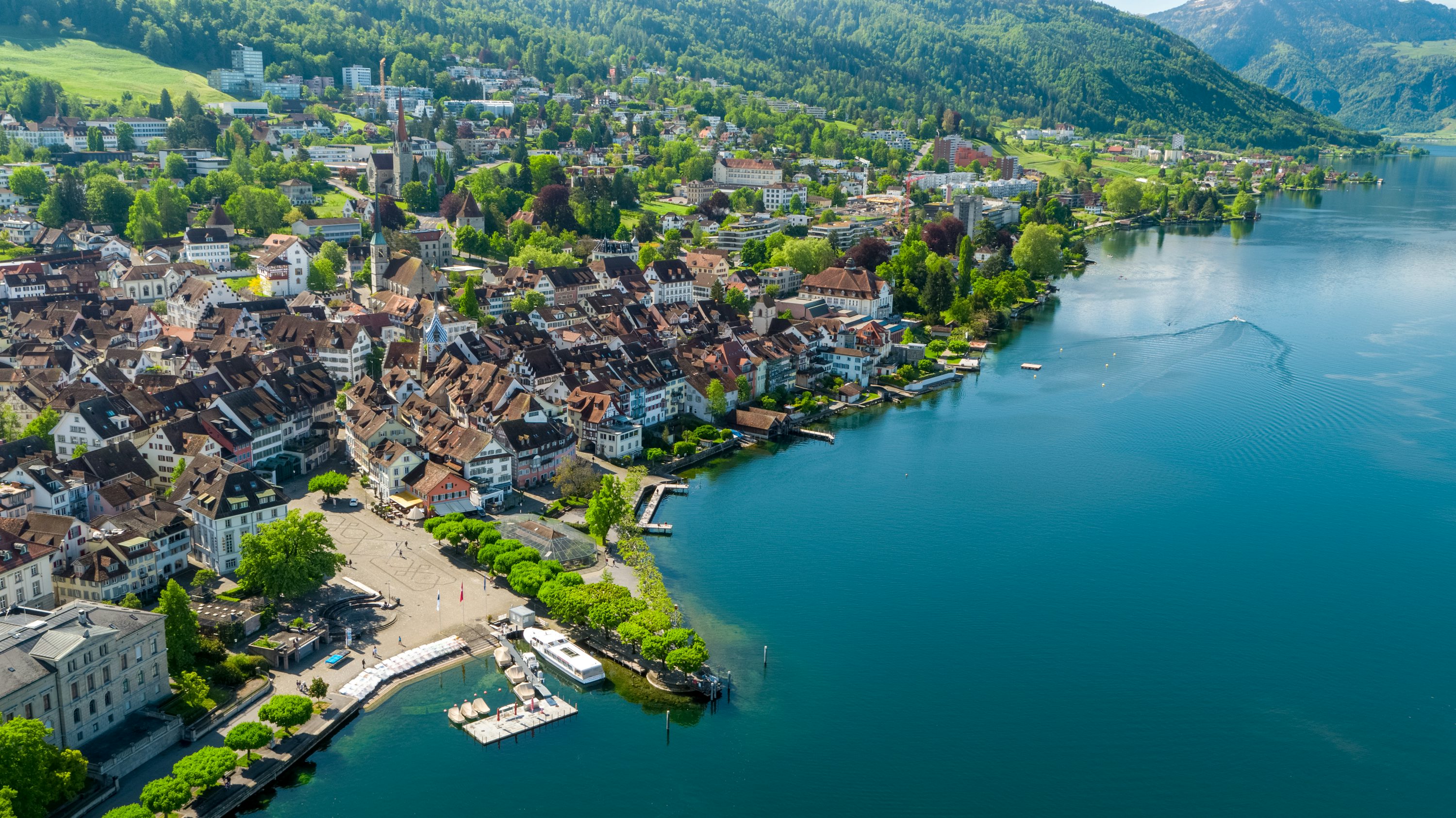 Aerial view of the old town of Zug and Lake Zug