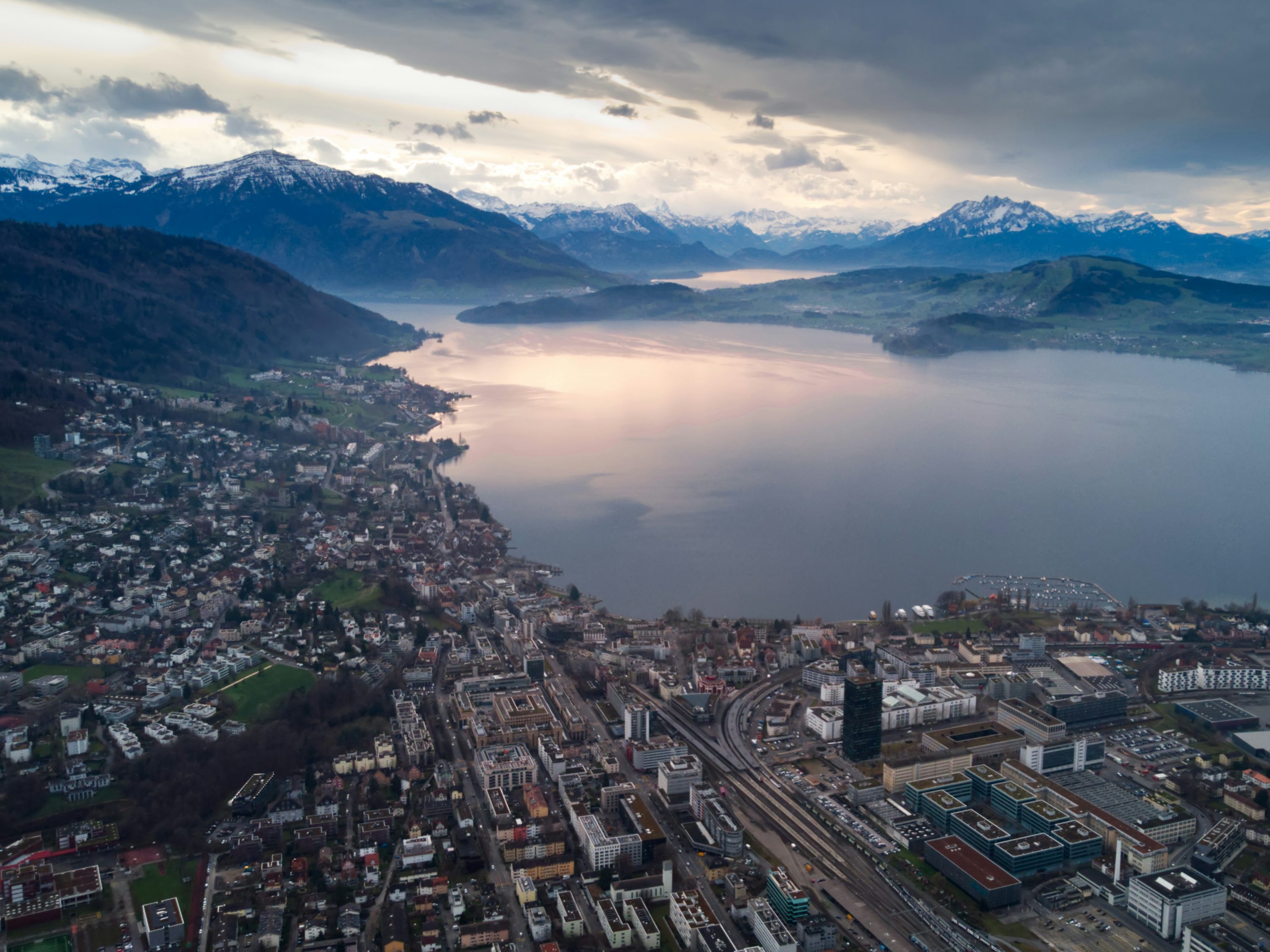 View across Lake Zug toward the Swiss Alps